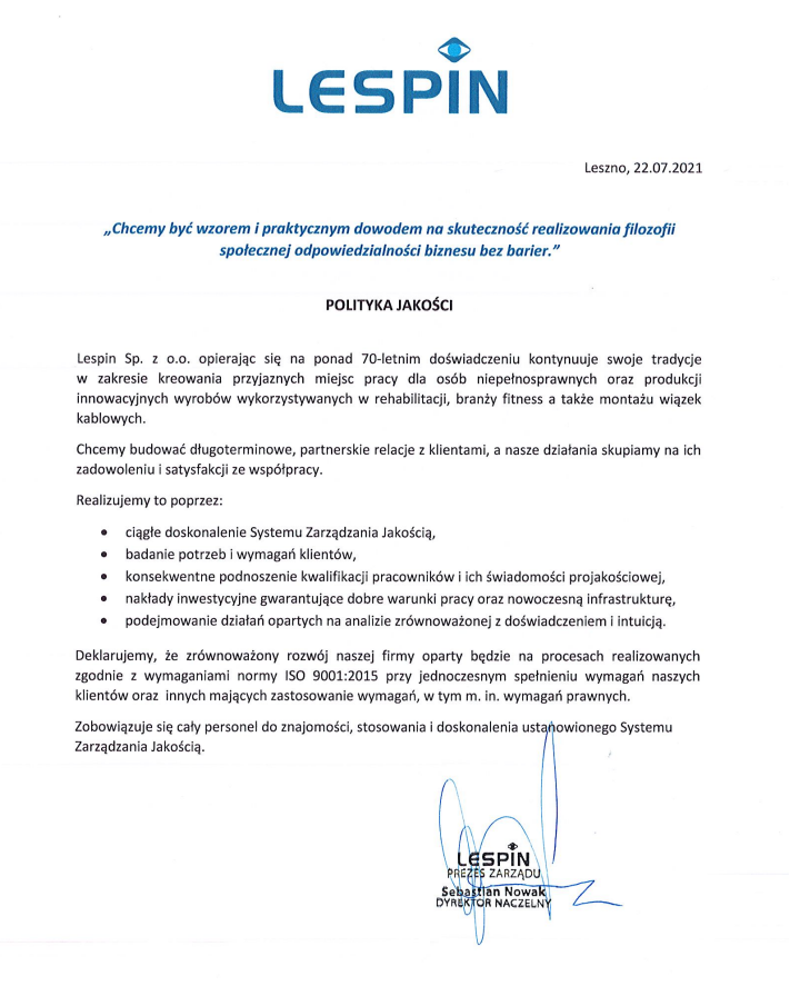 Lespin Leszno Polityka Jakości 2021